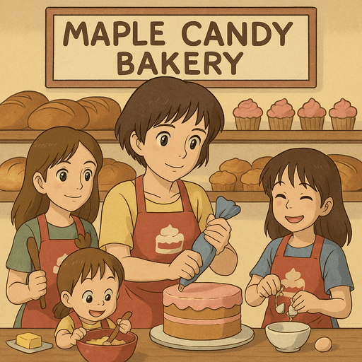 Illustration of Maple with her three daughters in the bakery